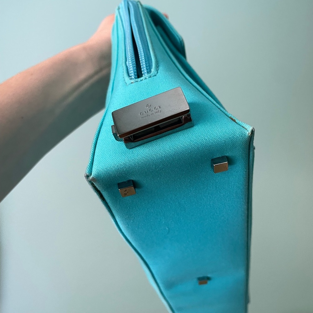 Gucci Turquoise Blue Fabric Handbag with Leather Straps and Gunmetal Hardware - Picture 11 of 16